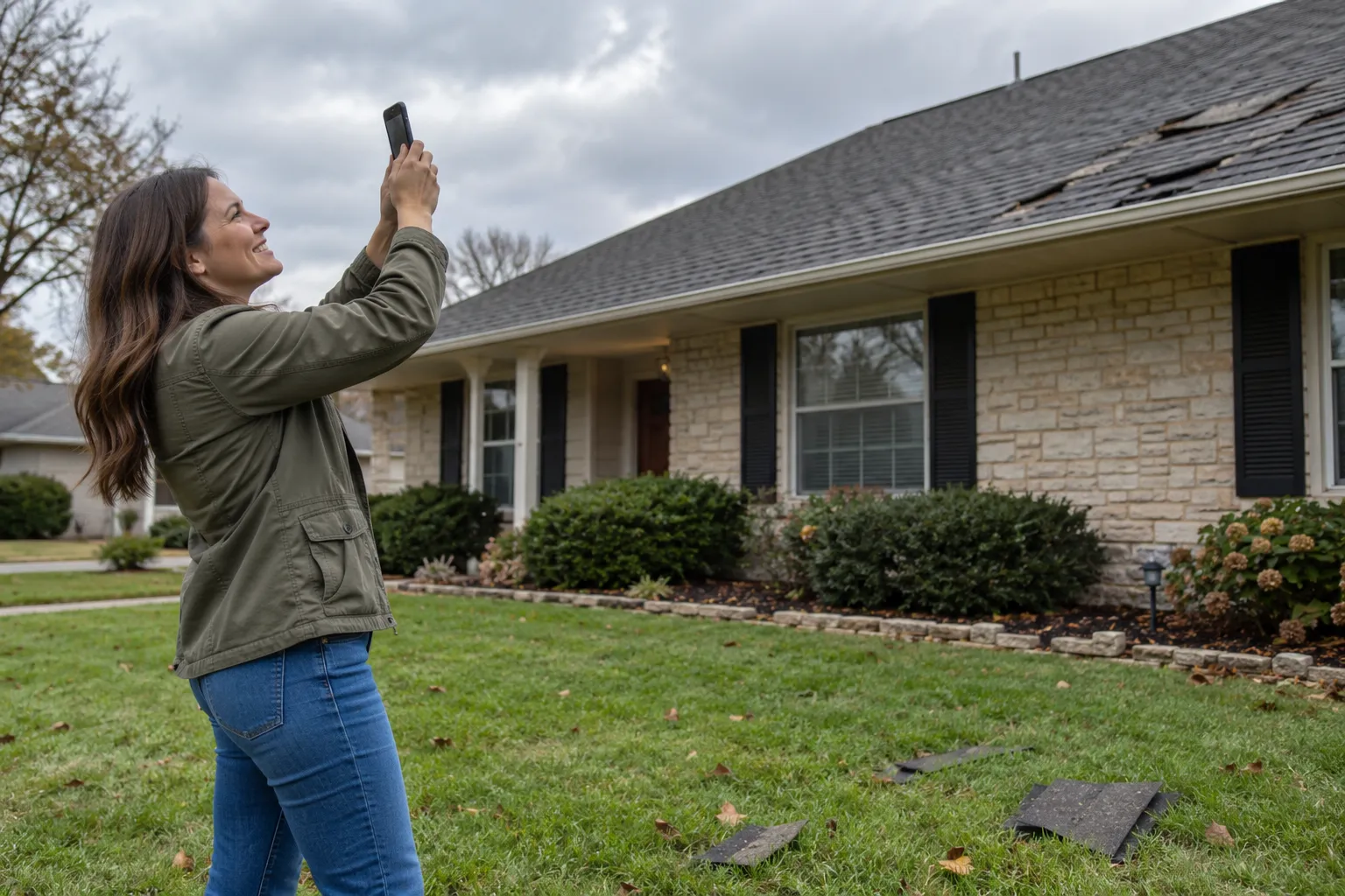 A homeowner taking photos of roof damage from the yard